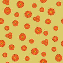 Orange gerbera flowers of different sizes, one and several pieces on a light green background. Floral seamless pattern. Vector illustration