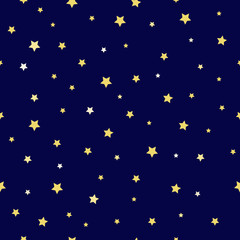 Stars of different sizes: a small star, a large star of light yellow and yellow color on a dark blue background. Seamless pattern. Vector illustration