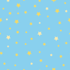 Stars of different sizes: a small star, a large star of light yellow and yellow color on a blue background. Seamless pattern. Vector illustration