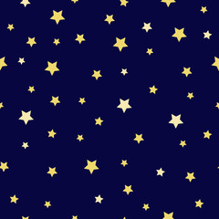 Stars of different sizes: a small star, a large star of light yellow and yellow color on a dark blue background. Seamless pattern. Vector illustration