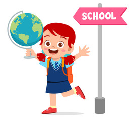 cute little kid with school direction board