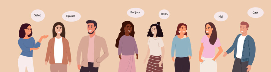 A group of friendly people of different races and cultures says hello in different languages from around the world.Vector illustration