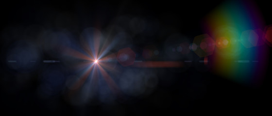 Lens flare multicolor light over black background. Easy to add overlay or screen filter over your photos