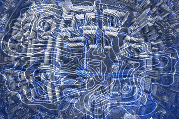 Topographic map of the area. Topographic lines over multi-story buildings. Top view of the area with residential buildings. Concept - lines show distortion of the earth. Cartography. Geography