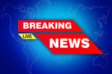 Breaking live news logo. Silhouettes of continents on a blue background. Concept - news about what...