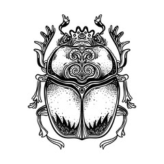 Scarabaeus sacer, Dung beetle. Sacred symbol of in ancient Egypt. Fantasy ornate insects. Isolated vector illustration. Spirituality, occultism, chemistry, occult sun tattoo.