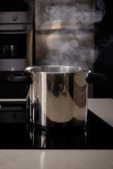 Pot with boiling water in the kitchen. The casserole is located on the induction hob with bottom...