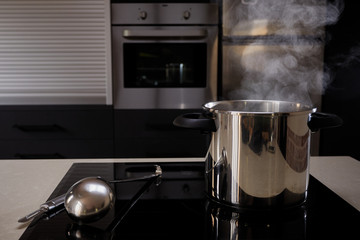 Pot with boiling water in the kitchen. The casserole is located on the induction hob with bottom...