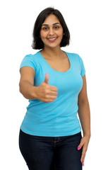 Latin american mature adult woman showing thumb up