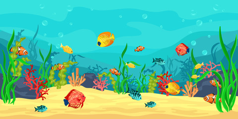 Fototapeta na wymiar Vector illustration with coral reef, fish and seaweed on a background of blue sea. The concept of underwater marine life. Panoramic underwater world.