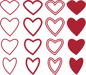 Set icon heart of different shapes in red. Flat infographics. Vector illustration.