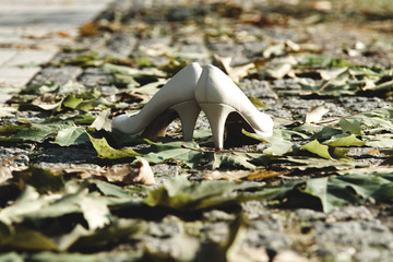 Shoes of the bride close-up. Wedding day.
