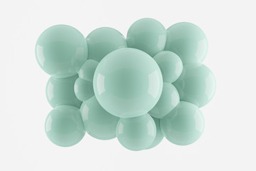 3D rendering abstract minimal graphic illustration. Accumulation glossy, spheres, bubbles different sizes pastel blue, green. Dynamic poster, cover, wallpaper. Foam particles isolated white background