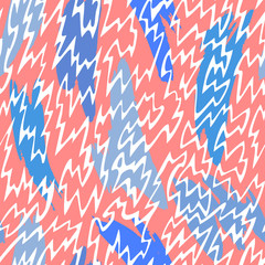 Fototapeta na wymiar Vector abstract seamless pattern made of brush strokes shapes mixed with zig zag thin lines texture. Smears with uneven edges. Simple figures in flat design. For fashion, textile, fabric and wrapping.