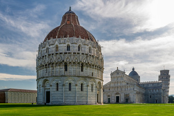 The famous Piazza dei Miracoli square and the leaning tower, in the historic center of Pisa, Italy, completely deserted due to the Covid-19 coronavirus pandemic