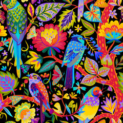 Bright summer exotic seamless pattern. Fantasy tropical plants, flowers and birds, Colorful animal botanical background. Garden of Eden. Fashion design for textile, fabric, clothes, wrapping. - obrazy, fototapety, plakaty