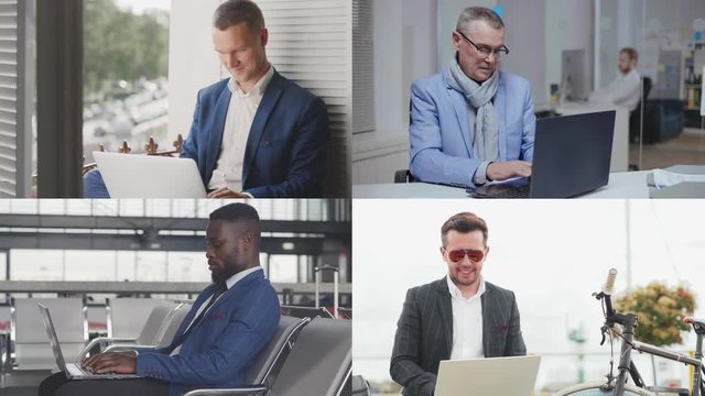 Collage of diverse businessmen with laptops working