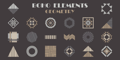 A set of BOHO elements. Geometry. Design with manual hatching. Ethnic boho ornament. Tribal motif. Vector illustration for web design or print.