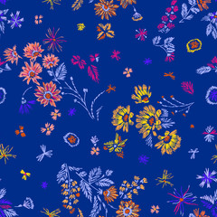 Simple botanical seamless pattern. Cute abstractive plants ornament. Graphic pencil line sketch drawing. Flowers, herbs and leaves. Summer fashion design for textile, fabric, clothes and wrapping.