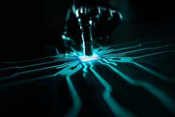 Digitalization Concept: Futuristic Robot Arms, Finger Touches Screen Button and Activates AI...