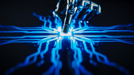 Digitalization Concept: Futuristic Robot Arm Interacting with Screen, Finger Touches Display and Activates Artificial Intelligence. Visualization of in Machine Learning, Computer Technology, Science