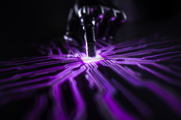 Cyber Security Hacking Concept: Rogue Artificial Intelligence Robot Hand Touches Screen and Creates Computer Virus. Visualization, Digitalization of Cyber Attack, Data Theft, Hacking, Virus Spreading