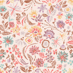 Cartoon botanical seamless pattern. Fun abstractive plants ornament. Graphic pencil line sketch drawing. Flowers, herbs and leaves. Summer fashion design for textile, fabric, clothes and wrapping.