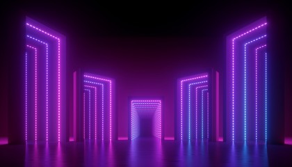 3d render, abstract ultraviolet background, geometric construction illuminated with pink blue violet light. Empty blocks