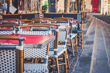 Empty tables of a restaurant that is about to open