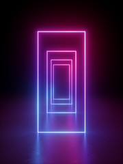 3d render, abstract minimal geometric background. Glowing neon lines. Tunnel, corridor, stage illumination, fashion podium. Blank rectangular frame with copy space