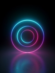 3d render, abstract geometric background with multiple rings over black, glowing lines, neon light gradient.