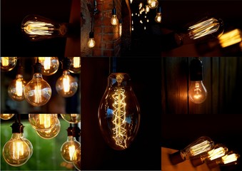 Collage. Light and lighting. Edisson's retro lamp. Warm orange light.