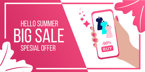 
Hello Summer, big sale, special offer pink banner