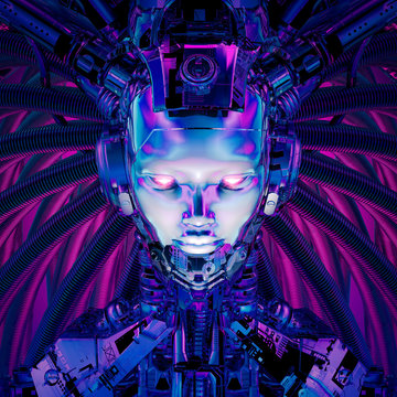 Queen of the datasphere / 3D illustration of science fiction female alien android artificial intelligence