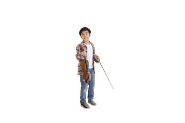 A portrait of a cute Asian elementary school student wearing a jeans and wearing a plaid shirt holding a violin. An isolated image with white background.