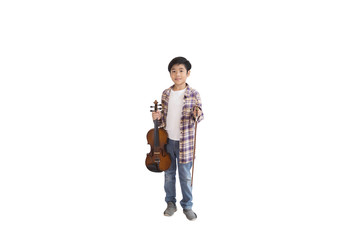 Naklejka premium A portrait of a cute Asian elementary school student wearing a jeans and wearing a plaid shirt holding a violin. An isolated image with white background.