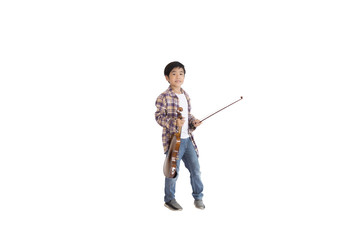 A portrait of a cute Asian elementary school student wearing a jeans and wearing a plaid shirt holding a violin. An isolated image with white background.