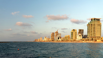 View of Tel Aviv from the sea in the evening. Skyscrapers against the sky, Israel.