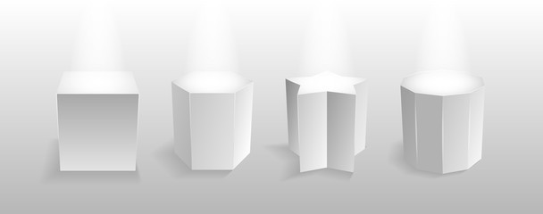 Museum stage. Realistic cubes podium, 3d exhibit displays. Gallery geometric blank product stands.