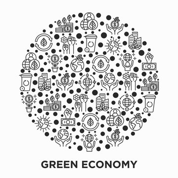 Green Economy Concept In Circle With Thin Line Icons: Financial Growth, Green City, Zero Waste, Circular Economy, Anti-globalism, Global Consumption. Vector Illustration For Environmental Issues.