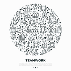 Teamwork concept in circle with thin line icons: relay race, brainstorm, success, meeting, idea share, collaboration, joint project, unity, support, delegation, bonus. Modern vector illustration.