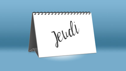 Ein Kalender für den Schreibtisch zeigt den französischen Wochentag Jeudi (Donnerstag in deutscher Sprache)