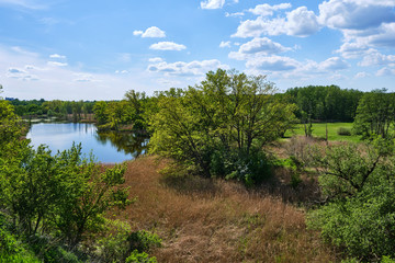 Fototapeta na wymiar Frühlingslandschaft mit Bäumen und See von einem Hügel aus gesehen