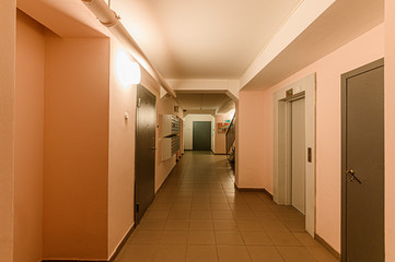 Russia, Moscow- January 27, 2020: interior public place, house entrance. doors, walls, corridors staircase