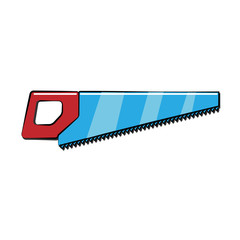 A sharp construction blue and red hand saw icon, a wood saw with a metal blade with prongs and a handle for cutting wood. Construction tool. Vector illustration