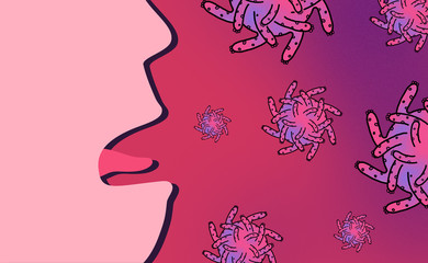 COVID-19 CONCEPT. Corona Virus spread by saliva, droplets . A disease spread out from cough. On red background.