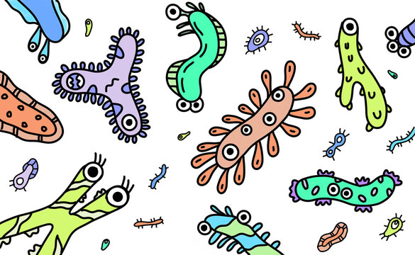 Colourful microscope creature characters. Microbe, parasite, bacteria, virus, worm, sperm. illustration set. On whitel background
