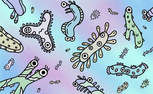 Colourful microscope creature characters. Microbe, parasite, bacteria, virus, worm, sperm. illustration set. On colourful background
