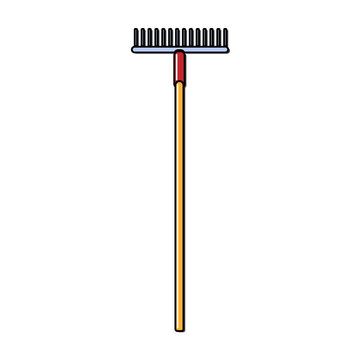 Construction yellow and red icon of an agricultural rake by a wooden handle intended for cleaning leaves. Construction tool. Vector