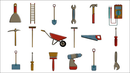 A large set of icons for construction, plumbing, garden, repair, tools: shovel, wrenches multimeter, saw, hammer, brush, mop, rake, trolley, spatula, screwdriver, pickaxe, ladder. Vector illustration